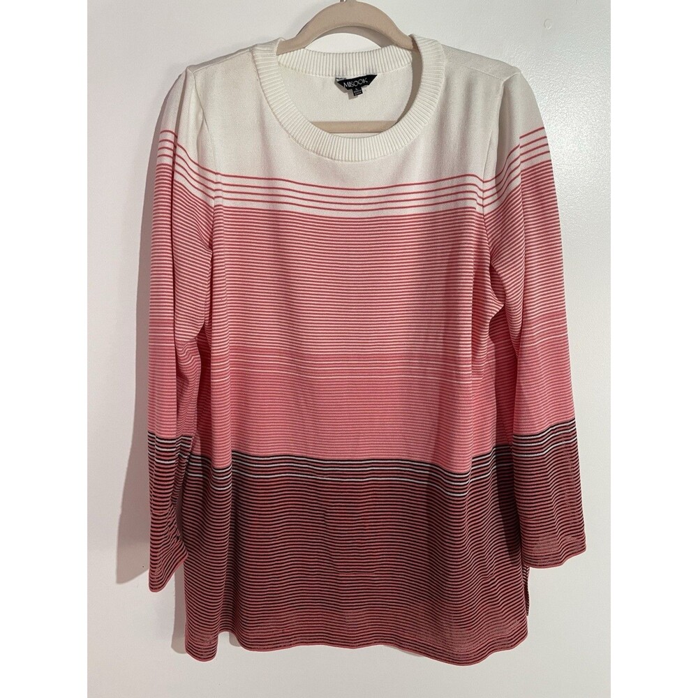 Misook Sweater Large Pink Black Striped Office Lightweight Stretch Preppy